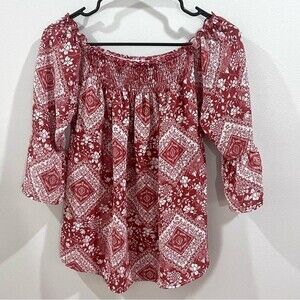 Rust and white print on or off shoulder smocked boho print top size small
